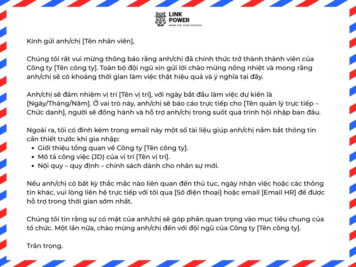 Mẫu thư chào mừng nhân viên mới 2