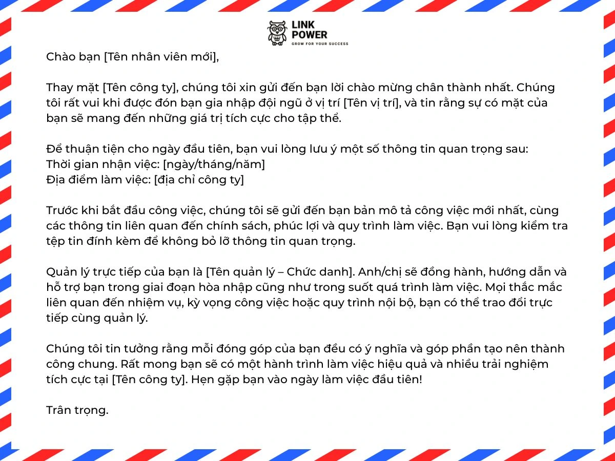 Mẫu thư chào mừng nhân viên mới 5