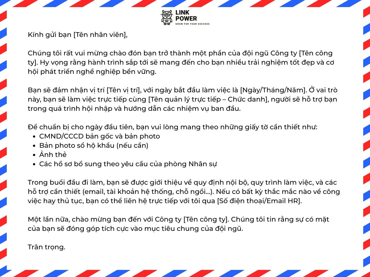 Mẫu thư chào mừng nhân viên mới 1