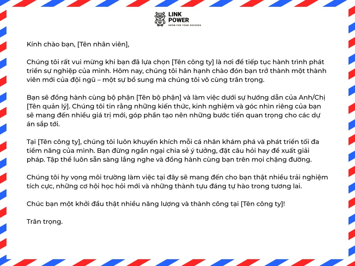 Mẫu thư chào mừng nhân viên mới 7