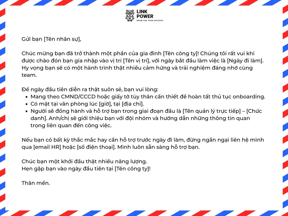Mẫu thư chào mừng nhân viên mới 4