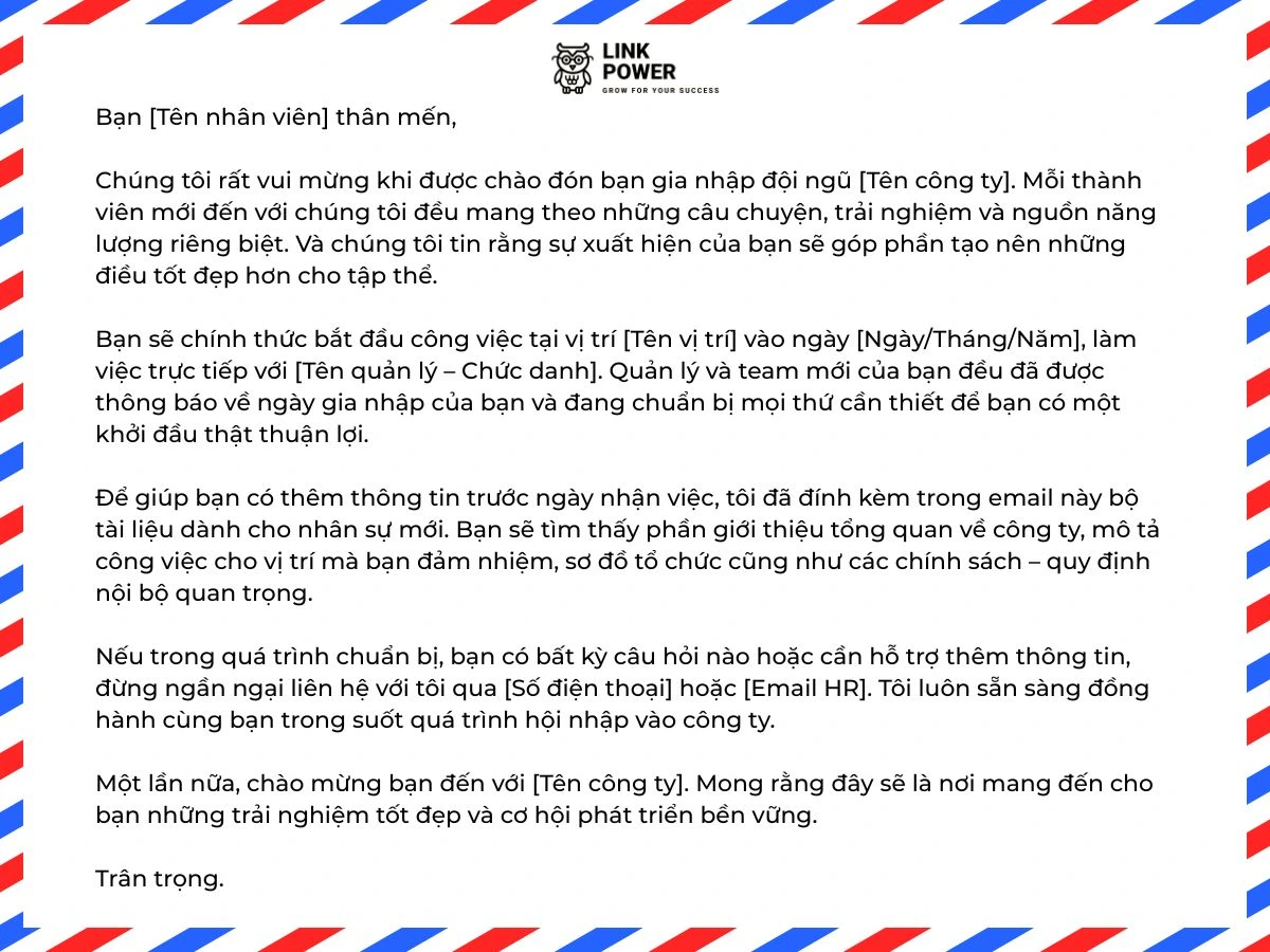 Mẫu thư chào mừng nhân viên mới 3