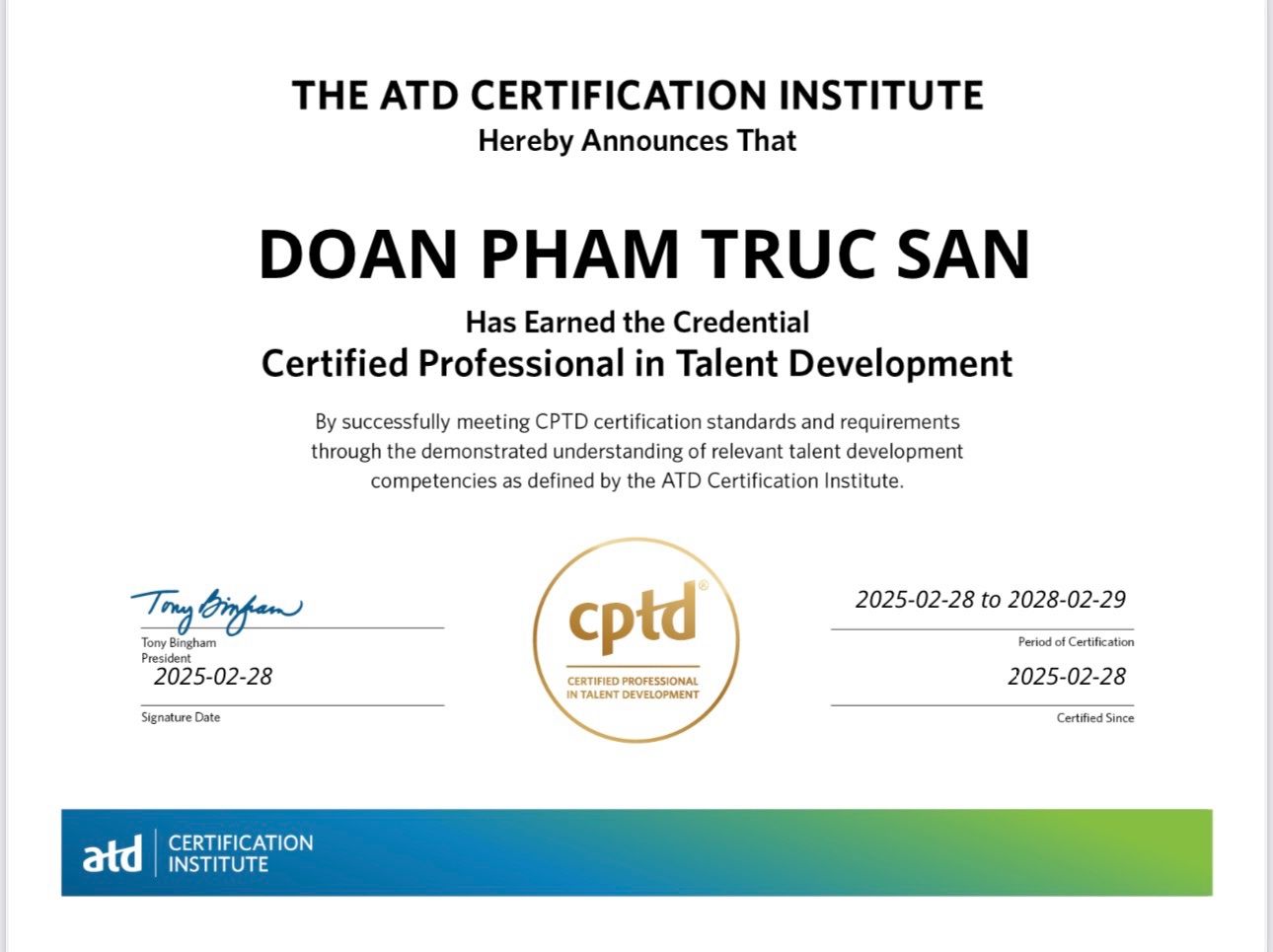 chứng chỉ cptd của giảng viên Link Power Đoàn Phạm Trúc San