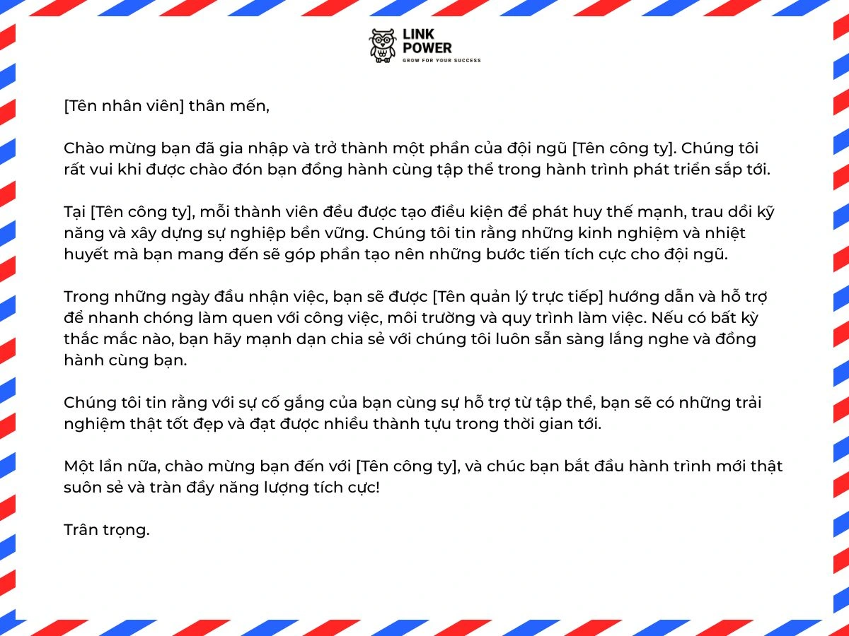 Mẫu thư chào mừng nhân viên mới 6